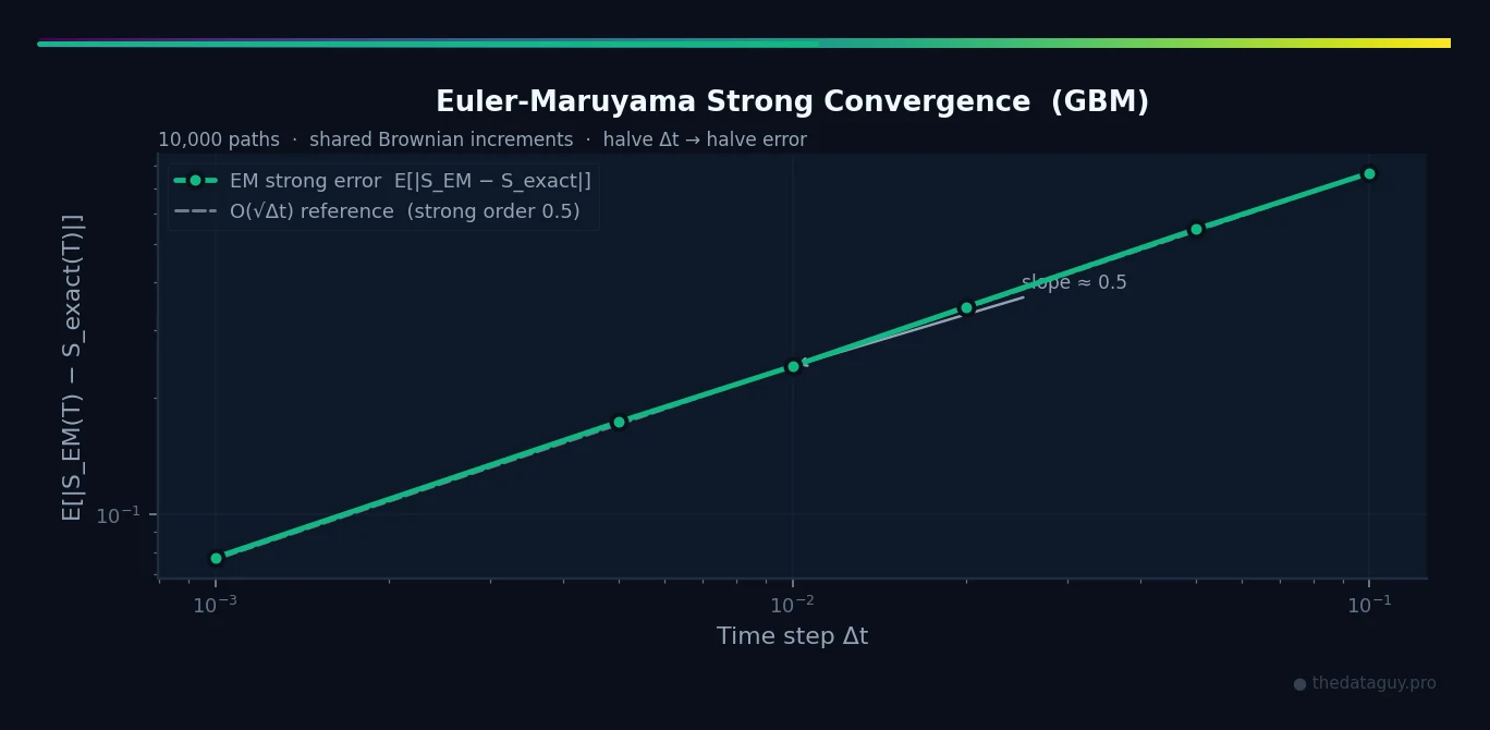 Log-log plot of Euler-Maruyama strong convergence: EM error vs time step Δt showing O(√Δt) convergence rate with reference line