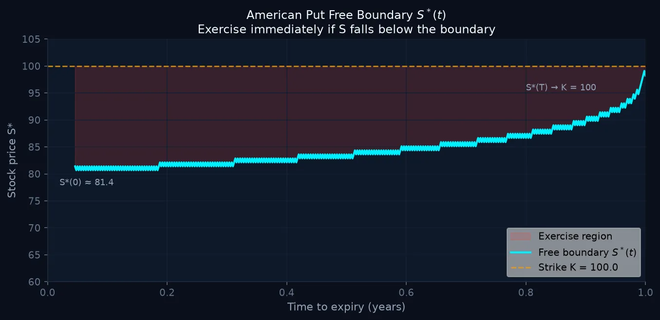 Chart showing the American put free boundary S*(t) over time. The boundary rises from approximately 75 at t=0 toward K=100 as t approaches T=1. The exercise region below the boundary is shaded.